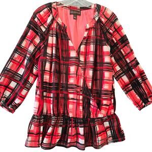Dana Buchman Pink Rose Plaid Shirt 3/4 Sleeves V-Neck Layering Top Womens Size L